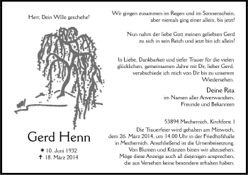 Anzeige von Gerd Henn von Kölner Stadt-Anzeiger / Kölnische Rundschau / Express