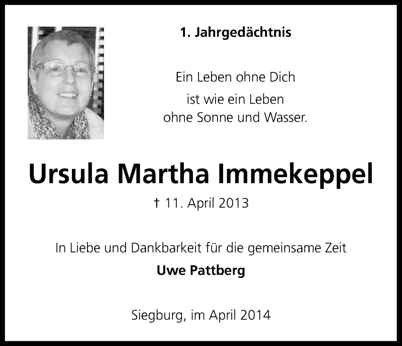  Traueranzeige für Ursula Martha Immekeppel vom 12.04.2014 aus Kölner Stadt-Anzeiger / Kölnische Rundschau / Express