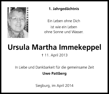 Anzeige von Ursula Martha Immekeppel von Kölner Stadt-Anzeiger / Kölnische Rundschau / Express