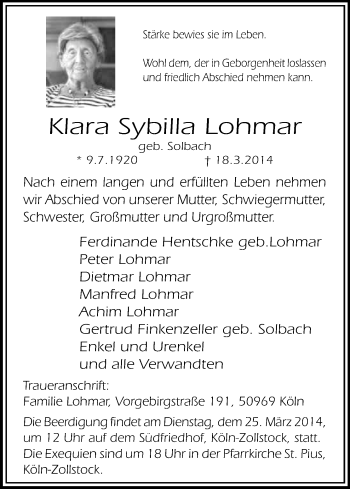 Anzeige von Klara Sybilla Lohmar von Kölner Stadt-Anzeiger / Kölnische Rundschau / Express