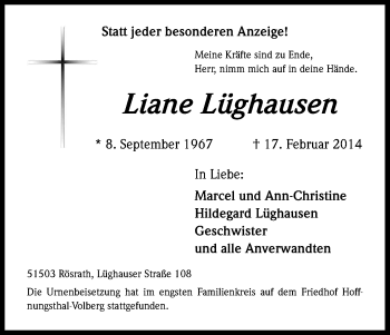 Anzeige von Liane Lüghausen von Kölner Stadt-Anzeiger / Kölnische Rundschau / Express