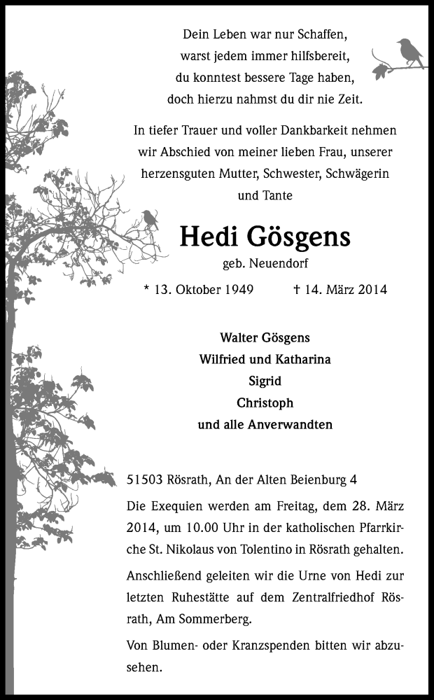  Traueranzeige für Hedi Gösgens vom 22.03.2014 aus Kölner Stadt-Anzeiger / Kölnische Rundschau / Express