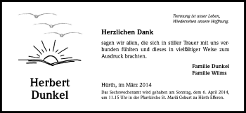 Anzeige von Herbert Dunkel von Kölner Stadt-Anzeiger / Kölnische Rundschau / Express