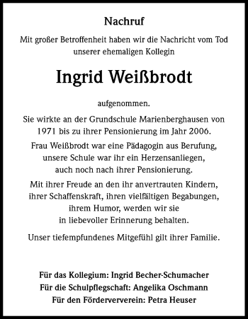 Anzeige von Ingrid Weißbrodt von Kölner Stadt-Anzeiger / Kölnische Rundschau / Express