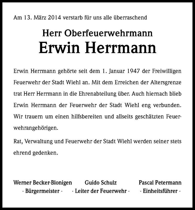  Traueranzeige für Erwin Herrmann vom 21.03.2014 aus Kölner Stadt-Anzeiger / Kölnische Rundschau / Express