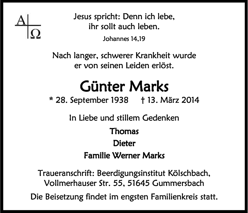  Traueranzeige für Günter Marks vom 22.03.2014 aus Kölner Stadt-Anzeiger / Kölnische Rundschau / Express