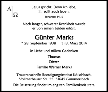Anzeige von Günter Marks von Kölner Stadt-Anzeiger / Kölnische Rundschau / Express