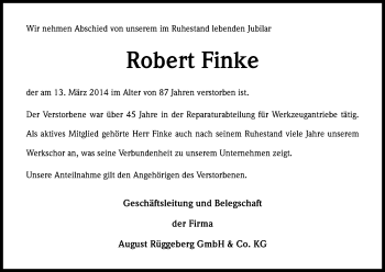 Anzeige von Robert Finke von Kölner Stadt-Anzeiger / Kölnische Rundschau / Express