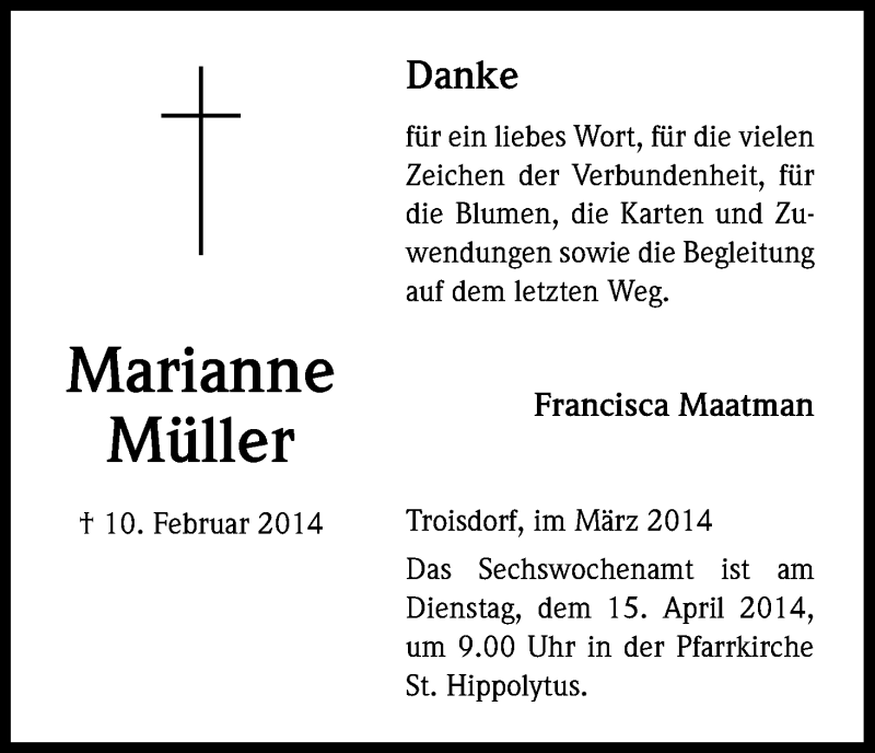  Traueranzeige für Marianne Müller vom 29.03.2014 aus Kölner Stadt-Anzeiger / Kölnische Rundschau / Express
