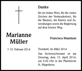 Anzeige von Marianne Müller von Kölner Stadt-Anzeiger / Kölnische Rundschau / Express