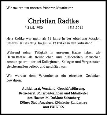 Anzeige von Christian Radtke von Kölner Stadt-Anzeiger / Kölnische Rundschau / Express