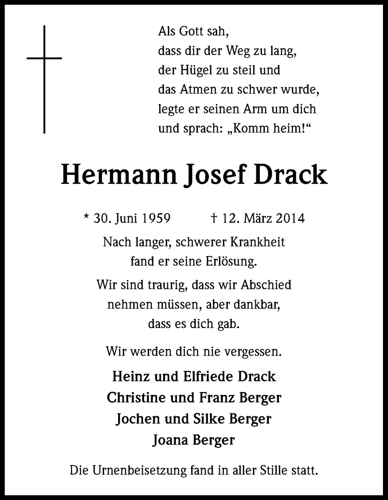  Traueranzeige für Hermann Josef Drack vom 22.03.2014 aus Kölner Stadt-Anzeiger / Kölnische Rundschau / Express