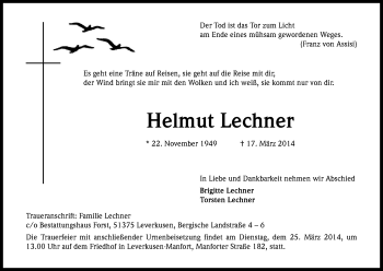 Anzeige von Helmut Lechner von Kölner Stadt-Anzeiger / Kölnische Rundschau / Express