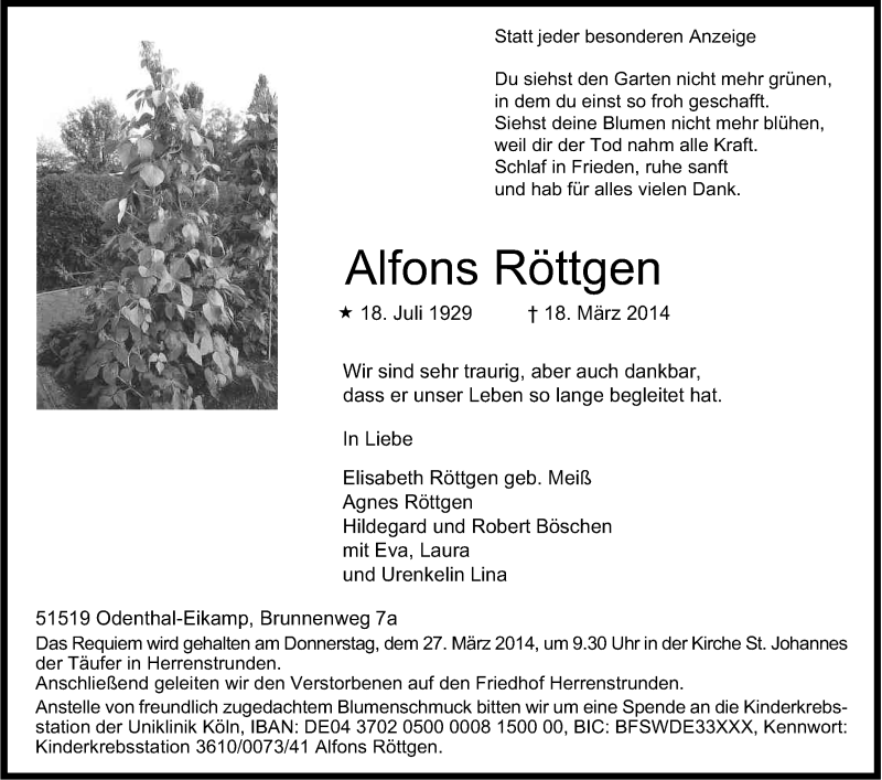  Traueranzeige für Alfons Röttgen vom 22.03.2014 aus Kölner Stadt-Anzeiger / Kölnische Rundschau / Express