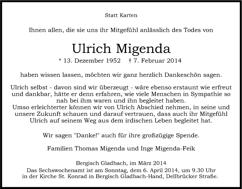  Traueranzeige für Ulrich Migenda vom 22.03.2014 aus Kölner Stadt-Anzeiger / Kölnische Rundschau / Express