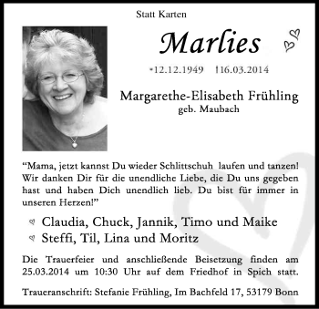 Anzeige von Margarete-Elisabeth Frühling von Kölner Stadt-Anzeiger / Kölnische Rundschau / Express
