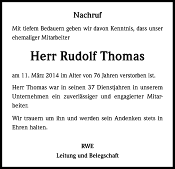 Anzeige von Rudolf Thomas von Kölner Stadt-Anzeiger / Kölnische Rundschau / Express
