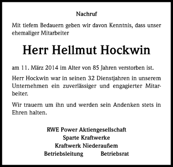 Anzeige von Hellmut Hockwin von Kölner Stadt-Anzeiger / Kölnische Rundschau / Express