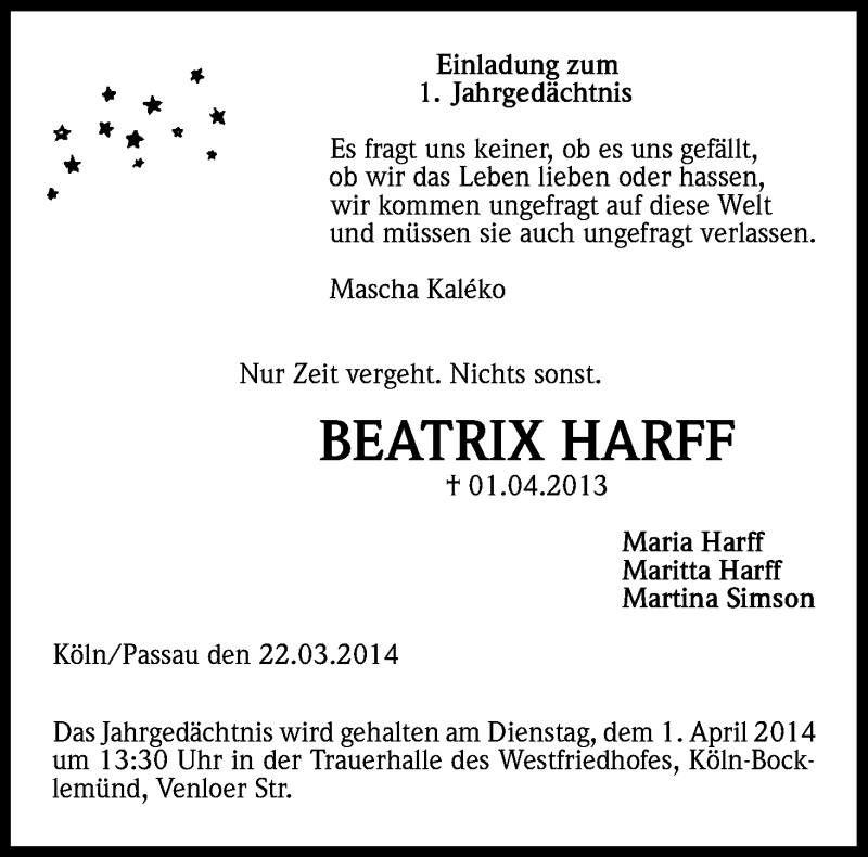  Traueranzeige für Beatrix Harff vom 22.03.2014 aus Kölner Stadt-Anzeiger / Kölnische Rundschau / Express
