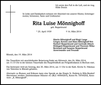 Anzeige von Rita Luise Mönnighoff von Kölner Stadt-Anzeiger / Kölnische Rundschau / Express