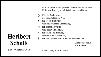 Anzeige von Heribert Schalk von Kölner Stadt-Anzeiger / Kölnische Rundschau / Express