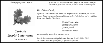 Anzeige von Barbara Jacobi-Unterreiner von Kölner Stadt-Anzeiger / Kölnische Rundschau / Express