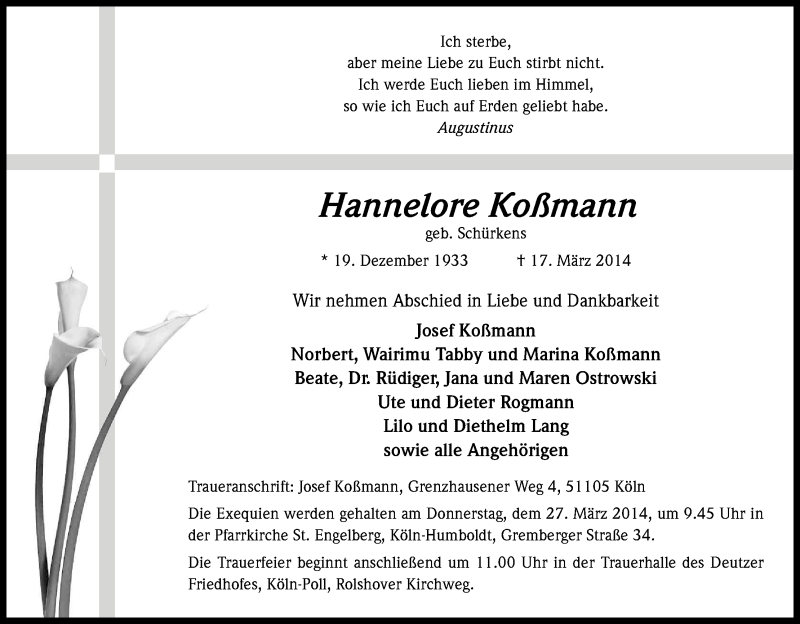  Traueranzeige für Hannelore Koßmann vom 22.03.2014 aus Kölner Stadt-Anzeiger / Kölnische Rundschau / Express