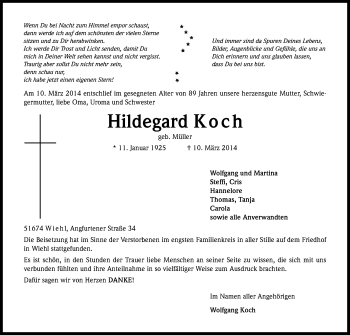 Anzeige von Hildegard Koch von Kölner Stadt-Anzeiger / Kölnische Rundschau / Express