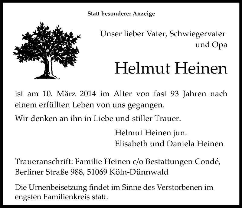  Traueranzeige für Helmut Heinen vom 22.03.2014 aus Kölner Stadt-Anzeiger / Kölnische Rundschau / Express