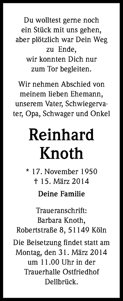  Traueranzeige für Reinhard Knoth vom 26.03.2014 aus Kölner Stadt-Anzeiger / Kölnische Rundschau / Express