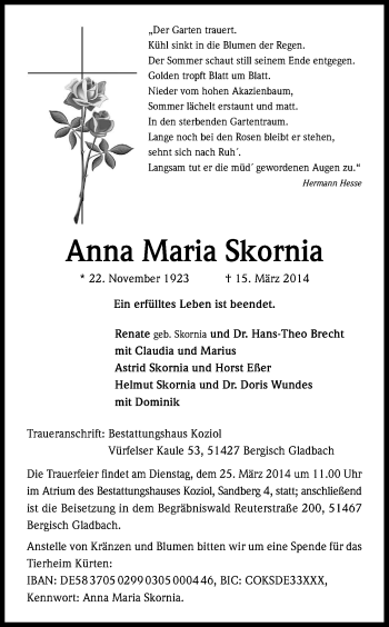 Anzeige von Anna Maria Skornia von Kölner Stadt-Anzeiger / Kölnische Rundschau / Express