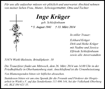 Anzeige von Inge Krüger von Kölner Stadt-Anzeiger / Kölnische Rundschau / Express