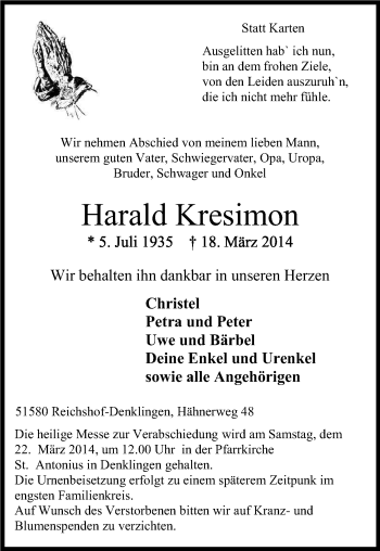Anzeige von Harald Kresimon von Kölner Stadt-Anzeiger / Kölnische Rundschau / Express
