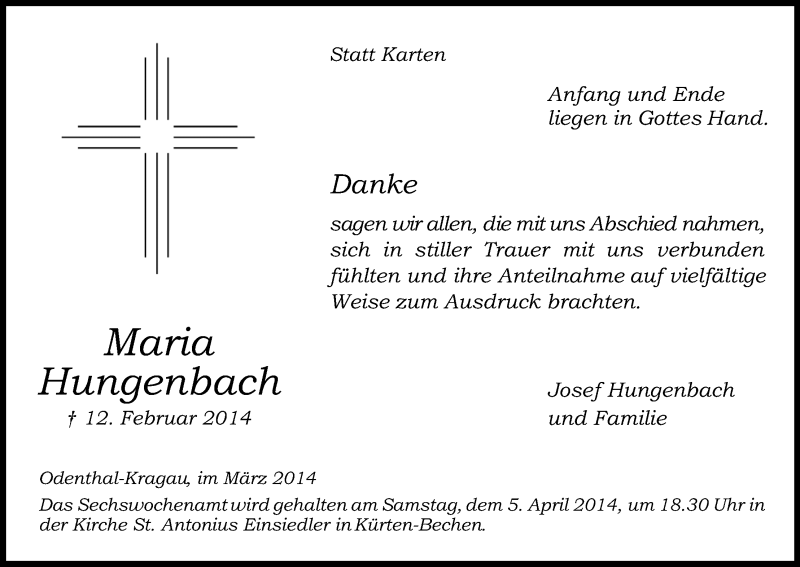  Traueranzeige für Maria Hungenberg vom 24.03.2014 aus Kölner Stadt-Anzeiger / Kölnische Rundschau / Express