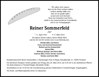 Anzeige von Reiner Sommerfeld von Kölner Stadt-Anzeiger / Kölnische Rundschau / Express