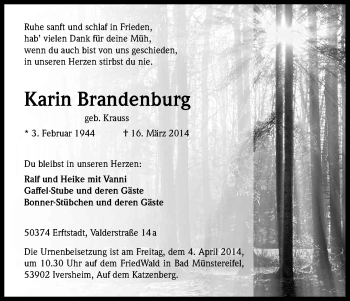 Anzeige von Karin Brandenburg von Kölner Stadt-Anzeiger / Kölnische Rundschau / Express