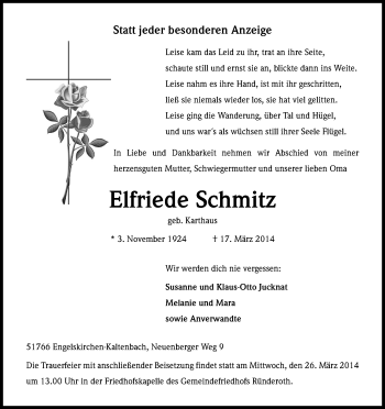 Anzeige von Elfriede Schmitz von Kölner Stadt-Anzeiger / Kölnische Rundschau / Express