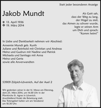 Anzeige von Jakob Mundt von Kölner Stadt-Anzeiger / Kölnische Rundschau / Express