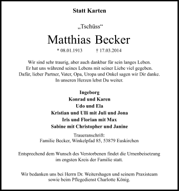Anzeige von Matthias Becker von Kölner Stadt-Anzeiger / Kölnische Rundschau / Express