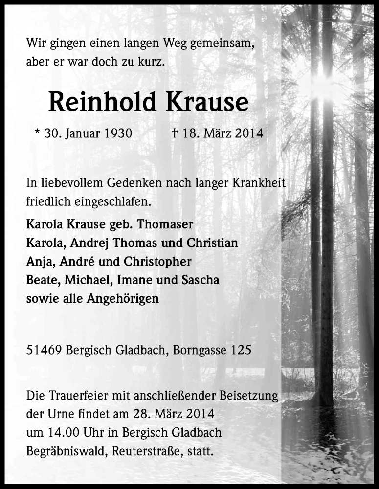  Traueranzeige für Reinhold Krause vom 22.03.2014 aus Kölner Stadt-Anzeiger / Kölnische Rundschau / Express