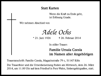 Anzeige von Adele Ochs von Kölner Stadt-Anzeiger / Kölnische Rundschau / Express
