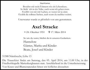 Anzeige von Axel Stracke von Kölner Stadt-Anzeiger / Kölnische Rundschau / Express