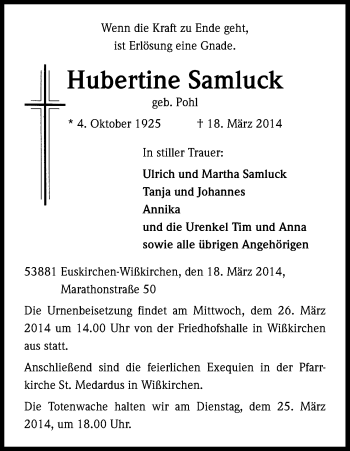 Anzeige von Hubertine Samluck von Kölner Stadt-Anzeiger / Kölnische Rundschau / Express