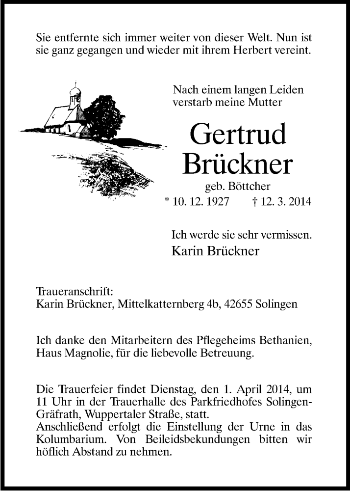  Traueranzeige für Gertrud Brückner vom 22.03.2014 aus Kölner Stadt-Anzeiger / Kölnische Rundschau / Express