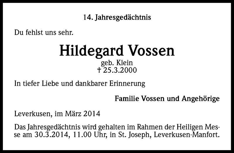  Traueranzeige für Hildegard Vossen vom 25.03.2014 aus Kölner Stadt-Anzeiger / Kölnische Rundschau / Express