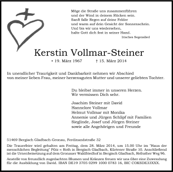 Anzeige von Kerstin Vollmar-Steiner von Kölner Stadt-Anzeiger / Kölnische Rundschau / Express
