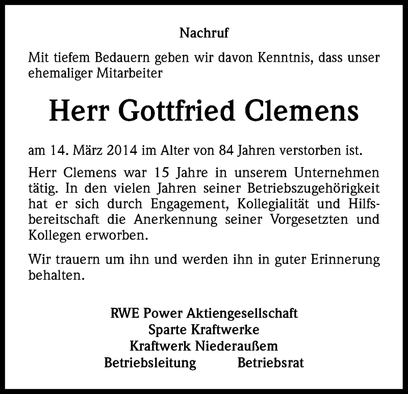  Traueranzeige für Gottfried Clemens vom 25.03.2014 aus Kölner Stadt-Anzeiger / Kölnische Rundschau / Express