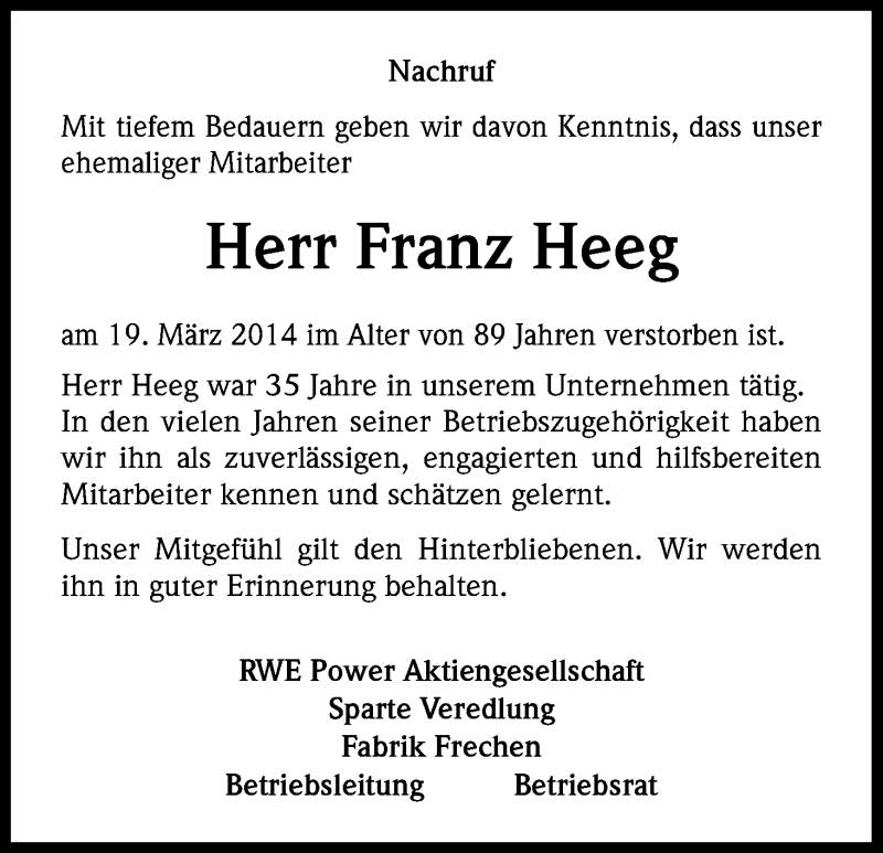  Traueranzeige für Franz Heeg vom 27.03.2014 aus Kölner Stadt-Anzeiger / Kölnische Rundschau / Express