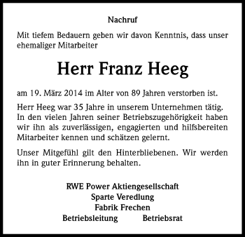 Anzeige von Franz Heeg von Kölner Stadt-Anzeiger / Kölnische Rundschau / Express