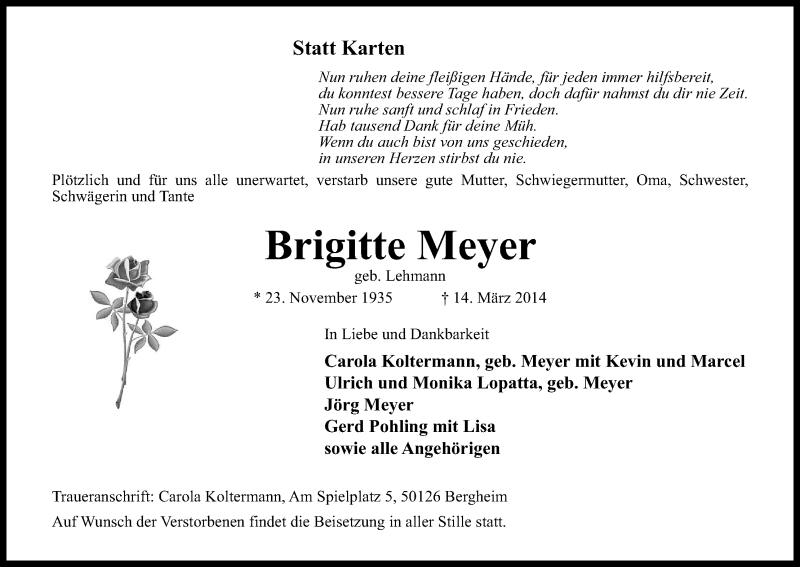  Traueranzeige für Brigitte Meyer vom 22.03.2014 aus Kölner Stadt-Anzeiger / Kölnische Rundschau / Express